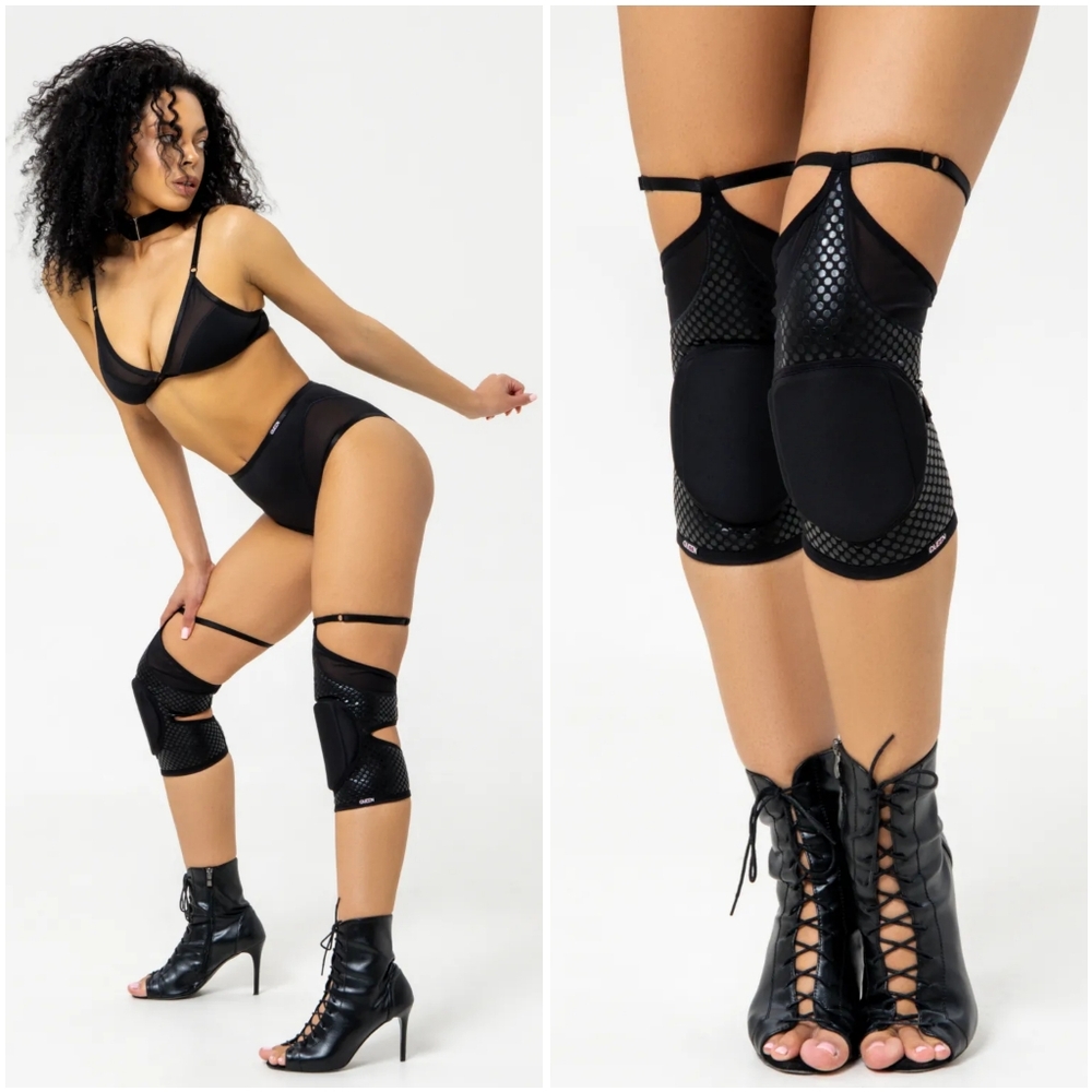 NWT Queen Wear Black Fire Grip Pole Dance Sexy Mesh Professional Knee Pads XS